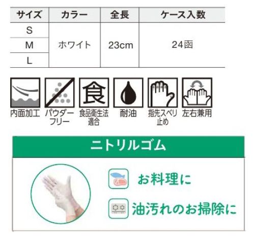 ショーワグローブ 0404871221-CASE ナイスハンド きれいな手 つかいきりグローブ ニトリルゴム S 白（50枚×24箱） ナイスハンド きれいな手 つかいきりグローブ ニトリルゴム S 白（50枚×24箱）薄く手にぴったりフィットするため、細かな作業に適しています。パウダーフリー(粉なし)タイプです。左右兼用です。ぬぎはめしやすいよう、手袋内面に加工を施しています。食品衛生法に基づく、食品、添加物等の規格基準(昭和34年厚生労働省告示第370号)に適合。毎日使うものだからこそ、いつでも近くに置いてもらいたい。パッケージデザインは住まいになじむよう、北欧調のデザインを採用しています。また、着用感や用途がわかる画像を側面や前面に入れているため、用途がわかりやすくなっています。◆おすすめの用途・料理・油汚れの掃除・掃除全般・洗濯・園芸・介護当品はSサイズです。Mサイズ(0404871222、0404871222-CASE)とLサイズ(0404871223、0404871223-CASE)もございます。1ケース(24箱)での販売となります。5箱での販売(0404871221)もございます。※この商品はご注文後のキャンセル、返品及び交換は出来ませんのでご注意下さい。なお、この商品のお支払方法は、先振込（代金引換以外）にて承り、ご入金確認後の手配となります。 サイズ／スペック